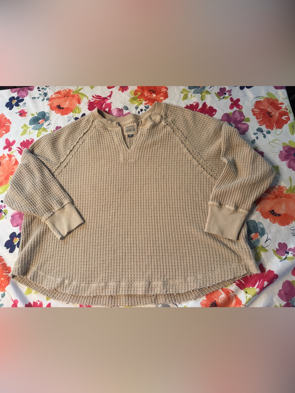 American Eagle Seriously Lived In Waffle Knit Pullover Top Beige Medium Boho C2 - Picture 7 of 12
